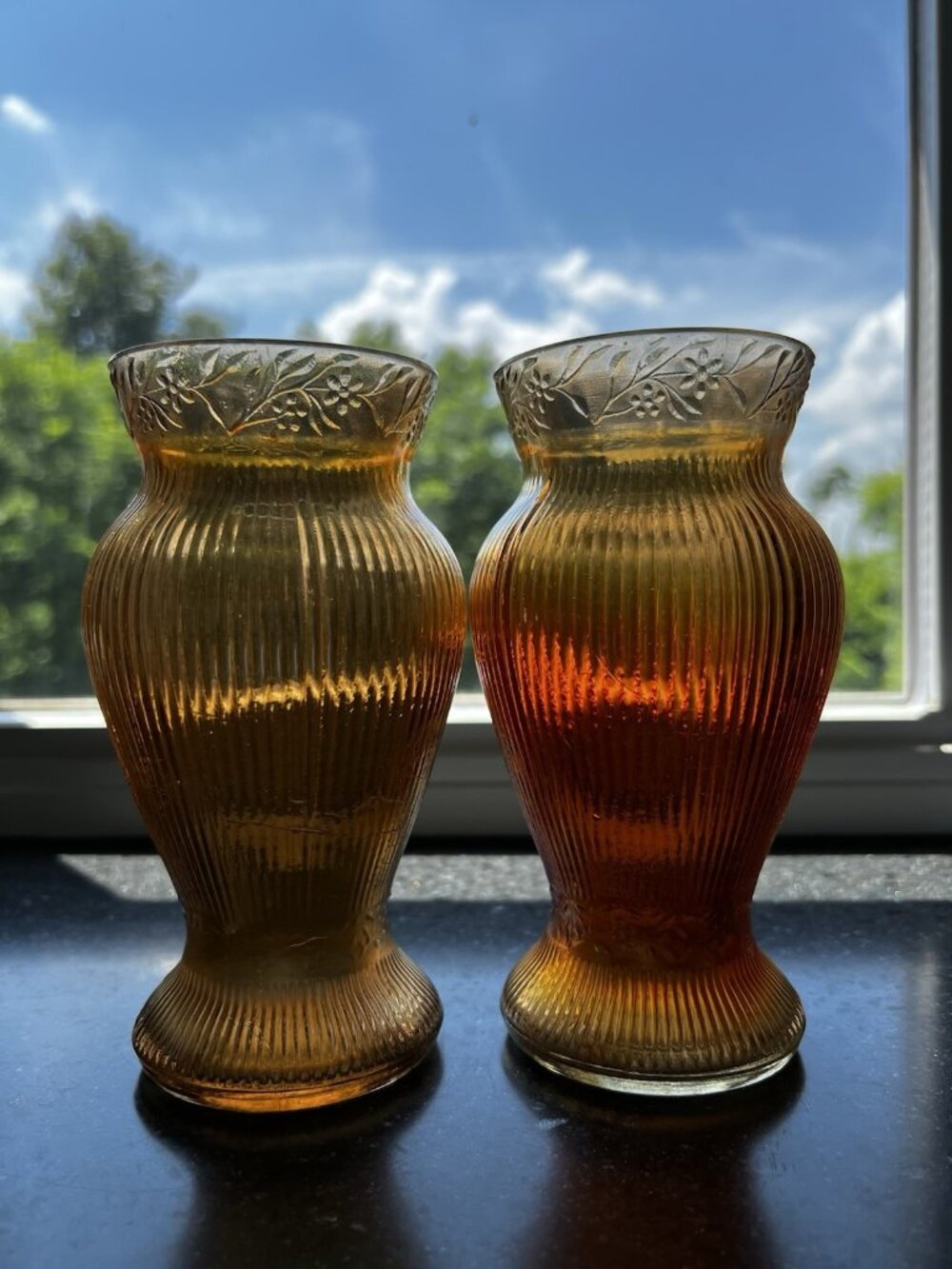 c1928 Pair/2 Jeanette Prism & Daisy Band Floral Ribbed Iridescent Glass 6" Vases